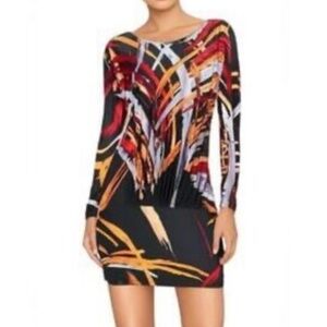 BCBGMaxAzria Long Sleeve Dress in Red and Orange Abstract